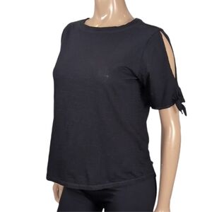 3/$20 Jones New York Black Short Sleeve Top Womens Medium Slit Tie Cotton Basic